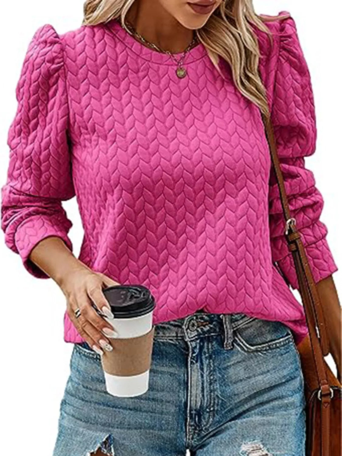 Trendsi Women's Textured Round Neck Long Sleeve Blouse