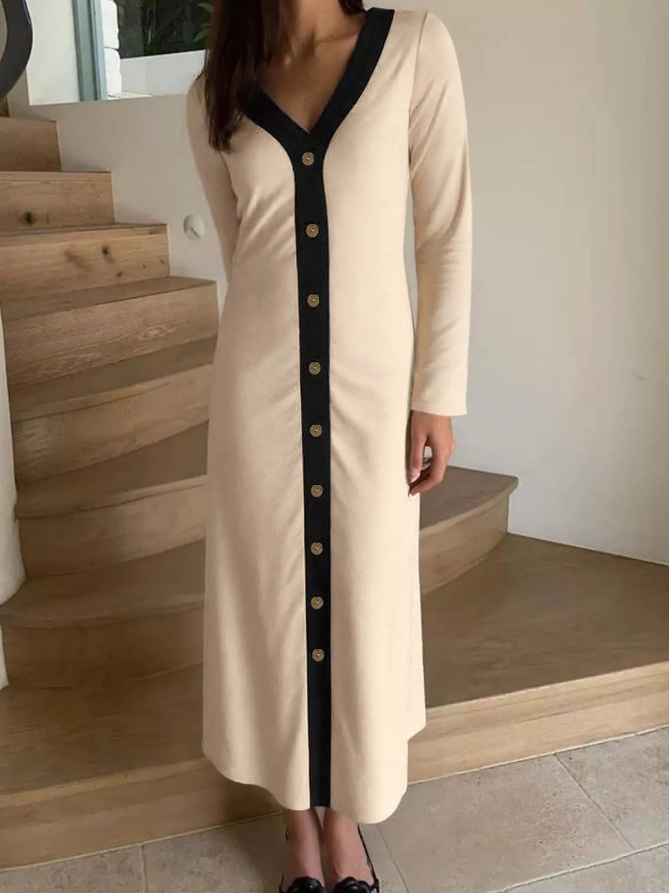 Sarah Express Women's Contrast Trim Button-Down Midi Dress