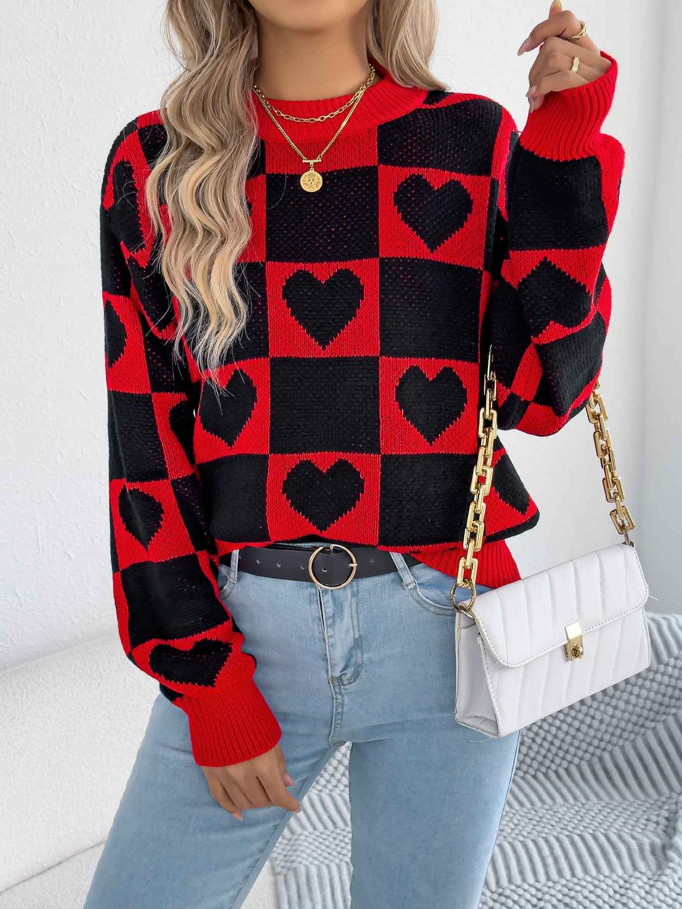 Sarah Express Women's Color-Blocked Plaid Heart Lantern Sleeve Pullover Sweater