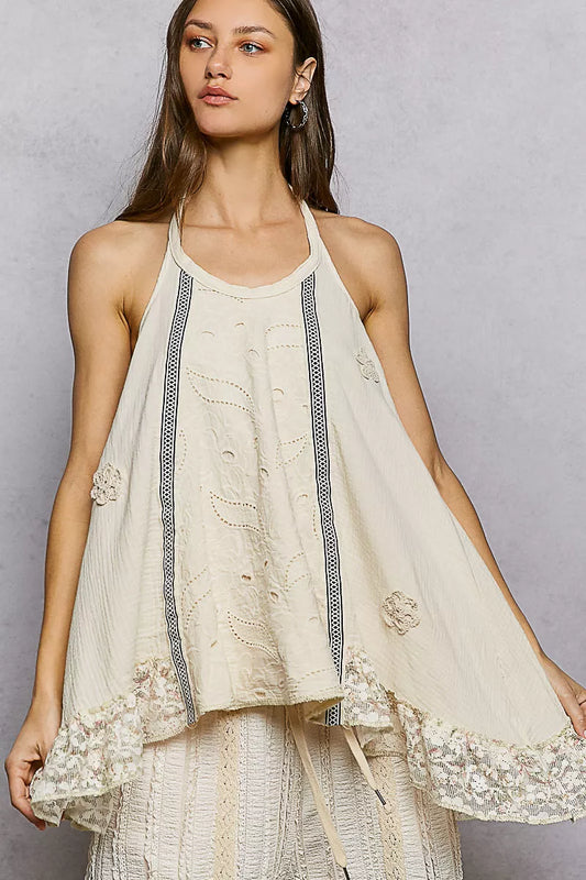 Sarah Express Women's Lace Ruffle Halter Neck Cami Top - Embroidered Boho Tank