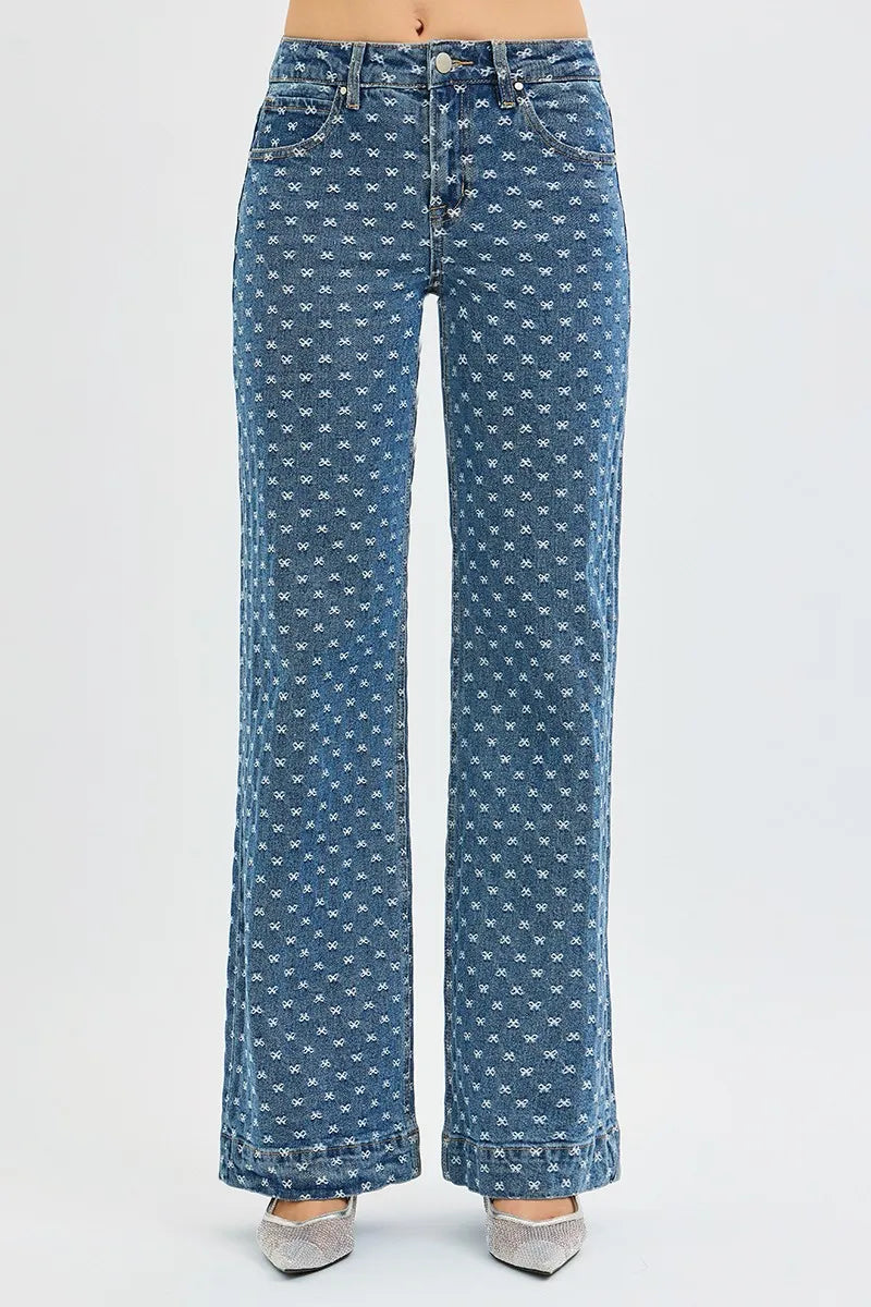 Sarah Express Women’s High Rise Wide Leg Jeans with Bow Embroidery
