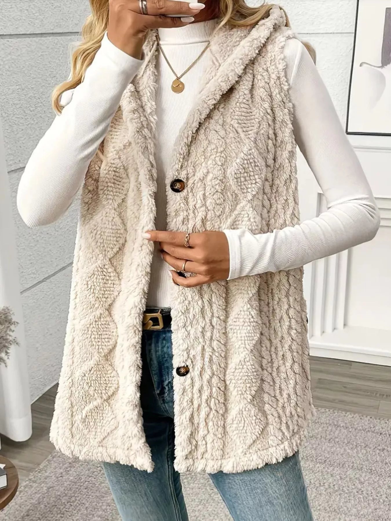 Sarah Express Women's Button-Down Sherpa Hooded Vest Coat