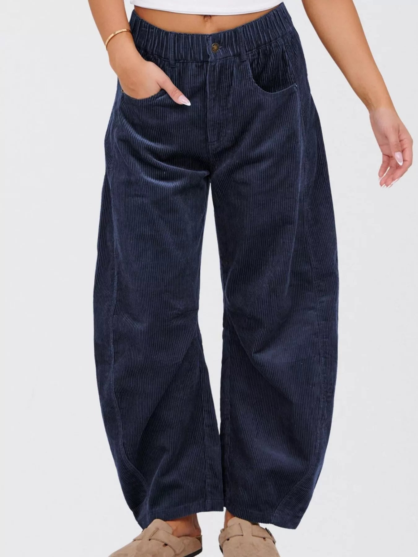 Sarah Express Women's High Waist Corduroy Wide Leg Pants with Pockets - Casual Button Front Trousers Navy Blue