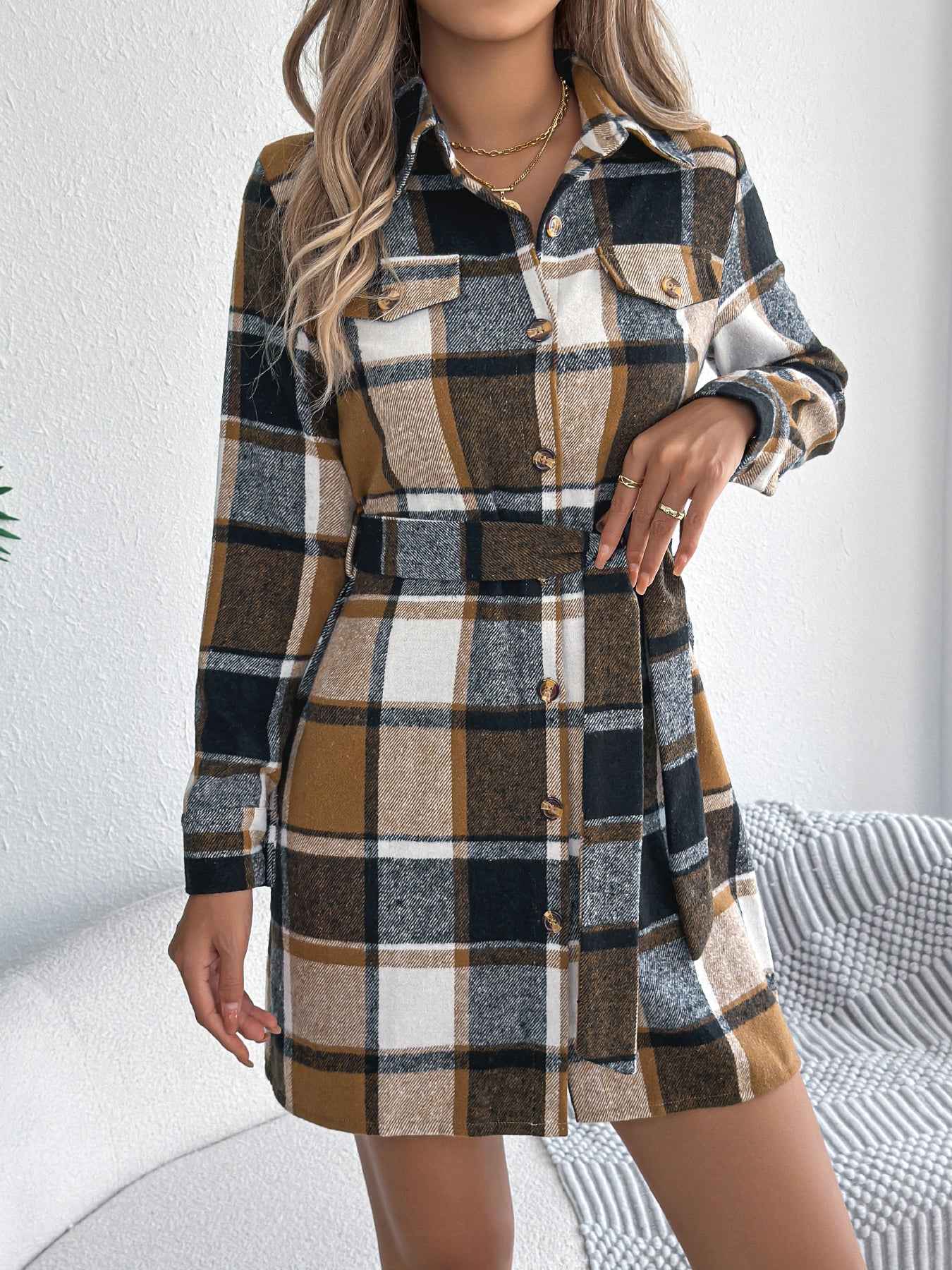 Sarah Express Women's Color-Blocked Plaid Tweed Shirt Dress with Tie Waist