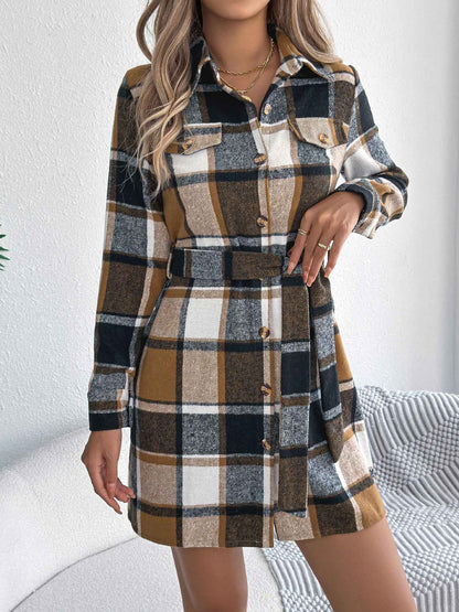 Sarah Express Women's Color-Blocked Plaid Tweed Shirt Dress with Tie Waist