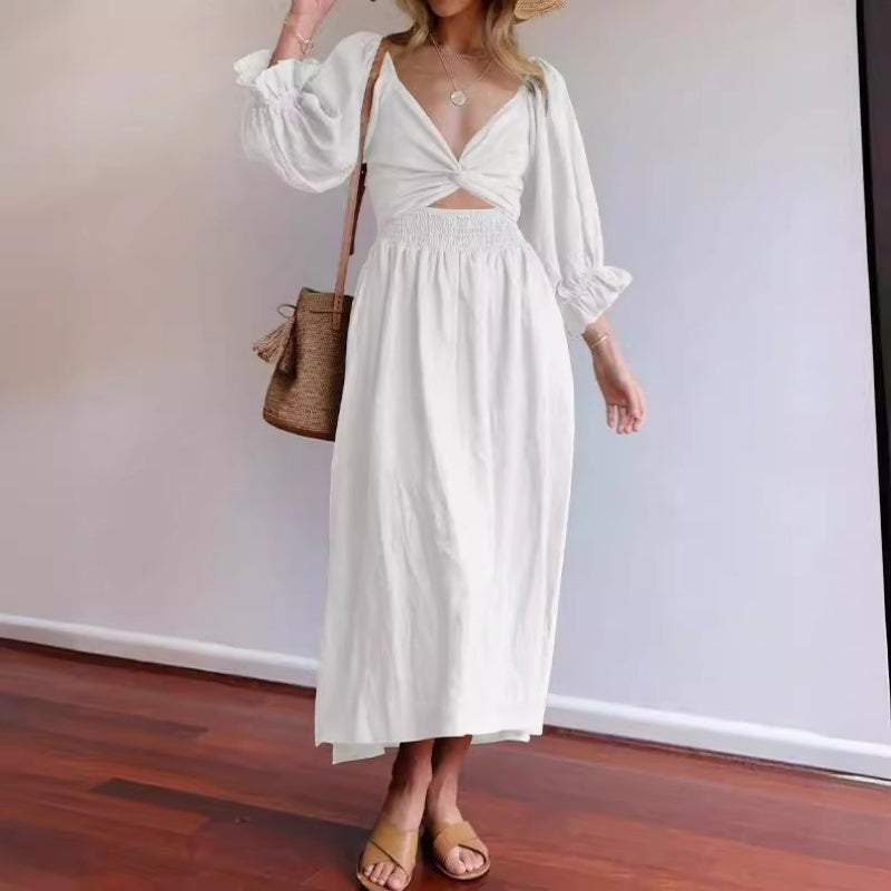 Sarah Express Women's Reversible V-Neck Dress Lantern Sleeve Mid-Length Polyester
