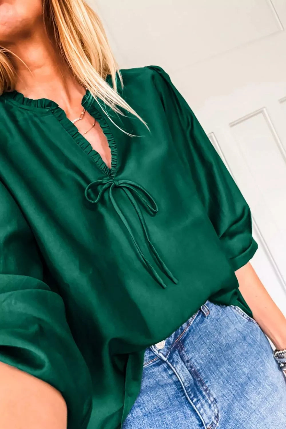 Sarah Express Women's Solid Color Frilled V Neck Bow Detail 3/4 Sleeve Blouse