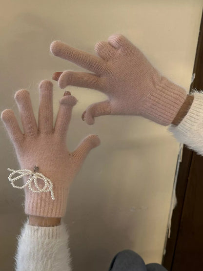 Sarah Express Women's Pearl Embellished Knit Gloves - Winter Fashion Accessory