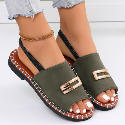 Sarah Express Women's Comfortable Fabric Strap Flat Sandals with Elastic Band - Round Toe Casual Shoes Army Green