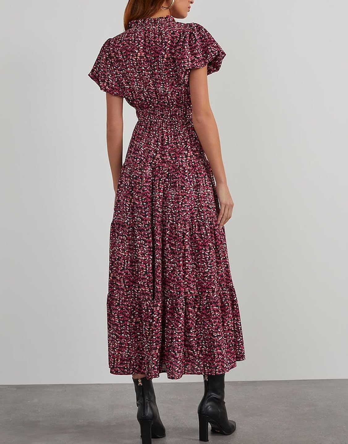 Sarah Express Floral V-Neck Bubble Pleated Maxi Dress Elastic Waist Short Sleeve