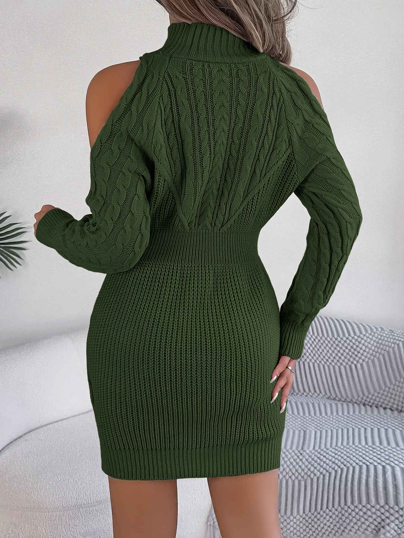 Sarah Express Women's Off-Shoulder Cable Knit Sweater Dress - Bodycon Turtleneck Lantern Sleeve Dress