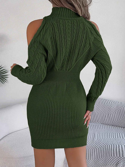 Sarah Express Women's Off-Shoulder Cable Knit Sweater Dress - Bodycon Turtleneck Lantern Sleeve Dress