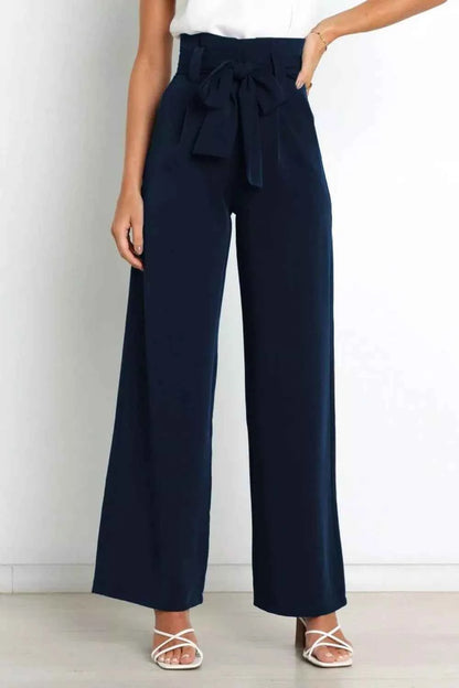 Sarah Express Women's High Waist Tie Front Wide Leg Pants - Pocketed Palazzo Trousers