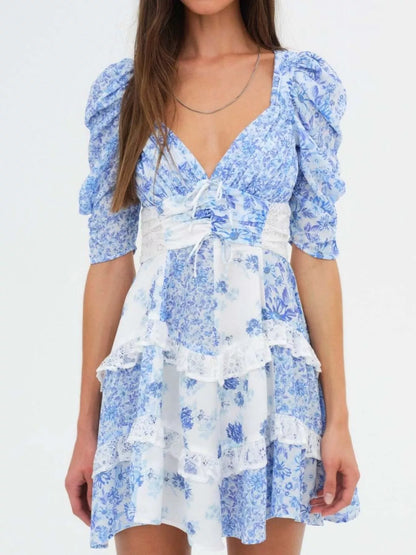 Sarah Express Women's Ruffled Floral Print Half Sleeve Dress Sky Blue