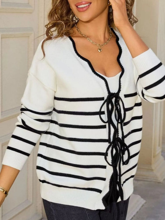 Sarah Express Women's Striped Tie Front Knit Cardigan Sweater