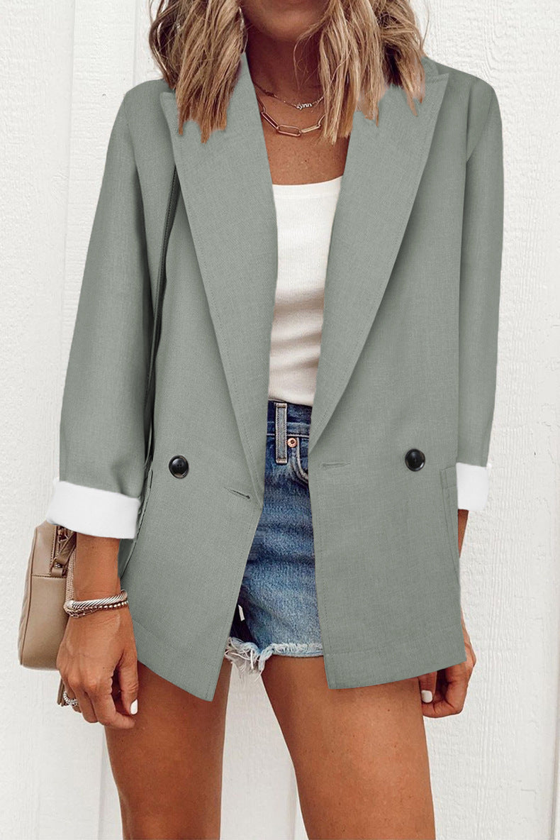 Sarah Express Women's Double-Breasted Blazer Loose Fit Suit Collar Long Sleeve Jacket