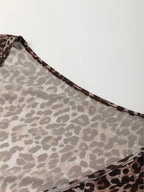 Sarah Express Women's Leopard Sheer Mesh Long Sleeve V Neck Lace-Up Blouse