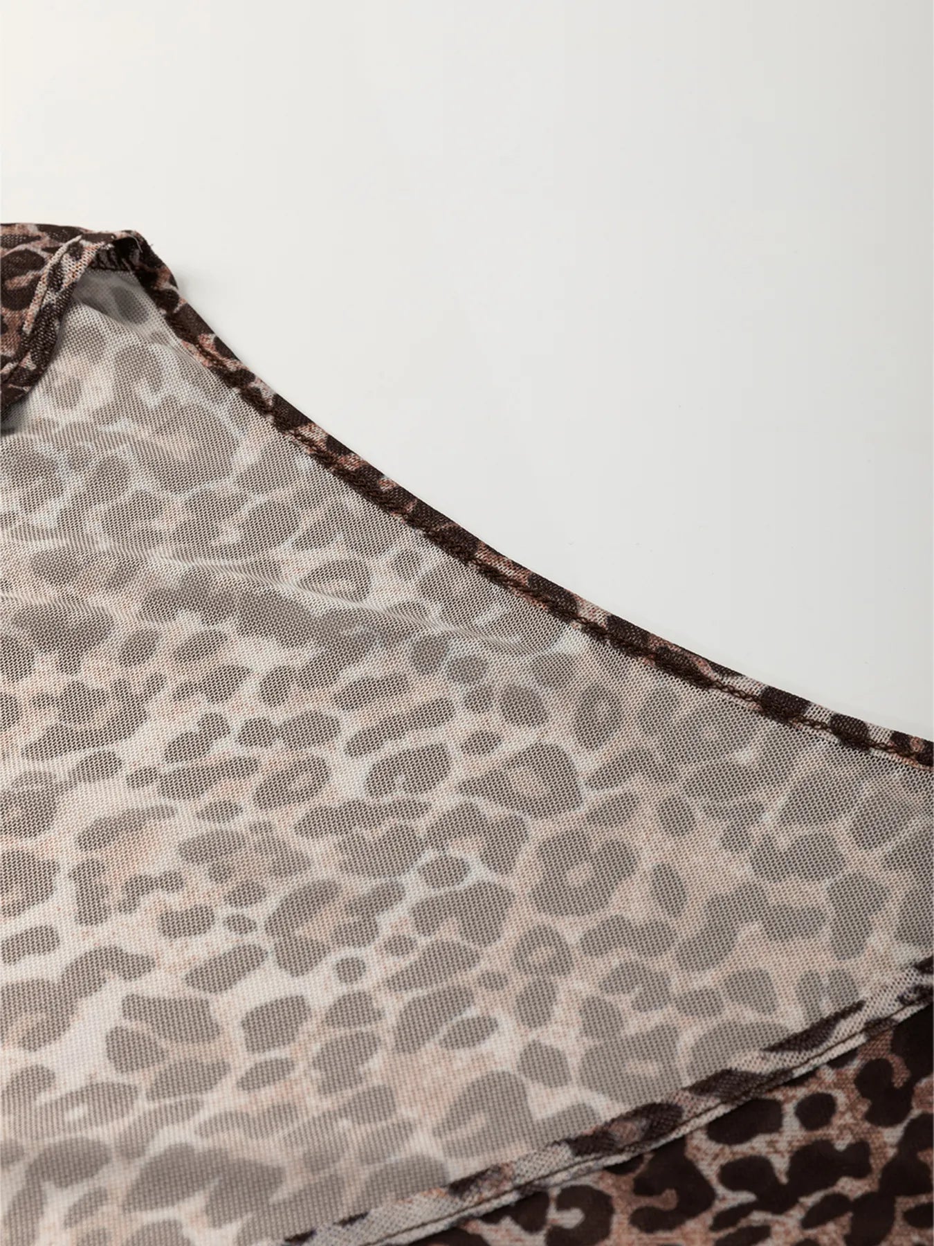 Sarah Express Women's Leopard Sheer Mesh Long Sleeve V Neck Lace-Up Blouse