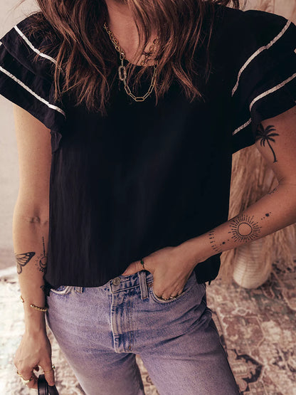 Sarah Express Women's Contrast Trim Dual Ruffle Short Sleeve Textured Blouse