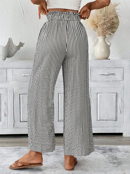 Sarah Express Women's Striped Wide Leg Paper Bag Pants Plus Size