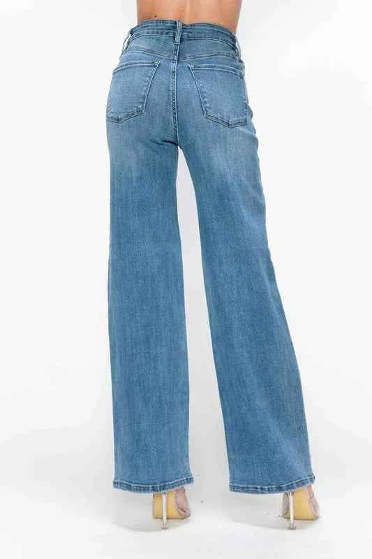 Sarah Express Women's High Rise Wide Leg Jeans with Pockets - Premium Stretch Denim