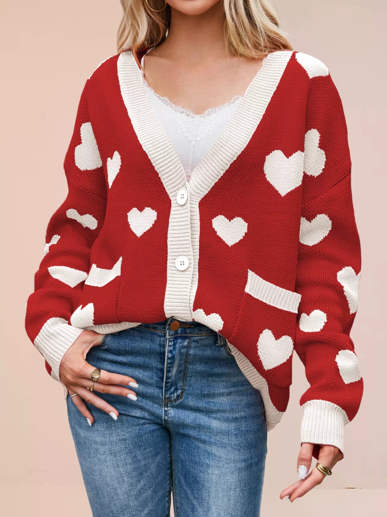 Sarah Express Women's Heart Pattern Button-Up Knit Cardigan