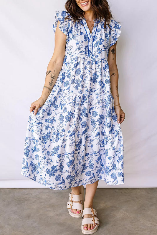 Sarah Express Women's Floral Midi Dress Ruffled Short Sleeve Tiered Casual Summer Dress Light Blue