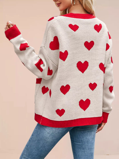 Sarah Express Women's Heart Pattern Button-Up Knit Cardigan