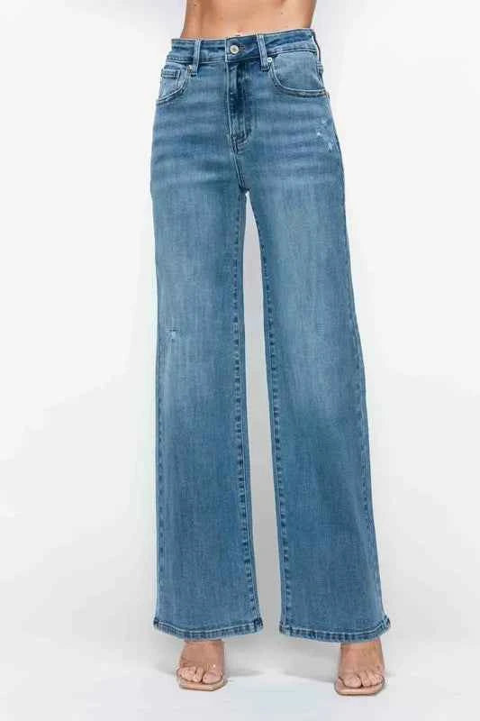 Sarah Express Women's High Rise Wide Leg Jeans with Pockets - Premium Stretch Denim