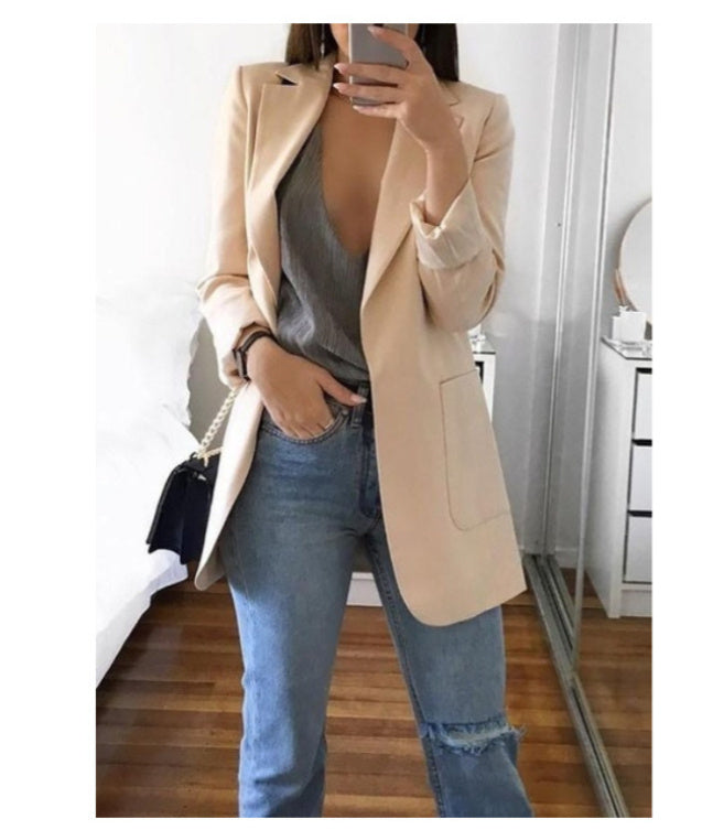 Sarah Express Women's Lapel Blazer Cardigan Slim Fit Long Sleeve - Work Office Professional Medium Length