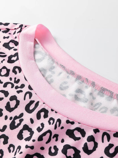 Sarah Express Women's Leopard Striped Patchwork Side Slit Loose Short Sleeve Top