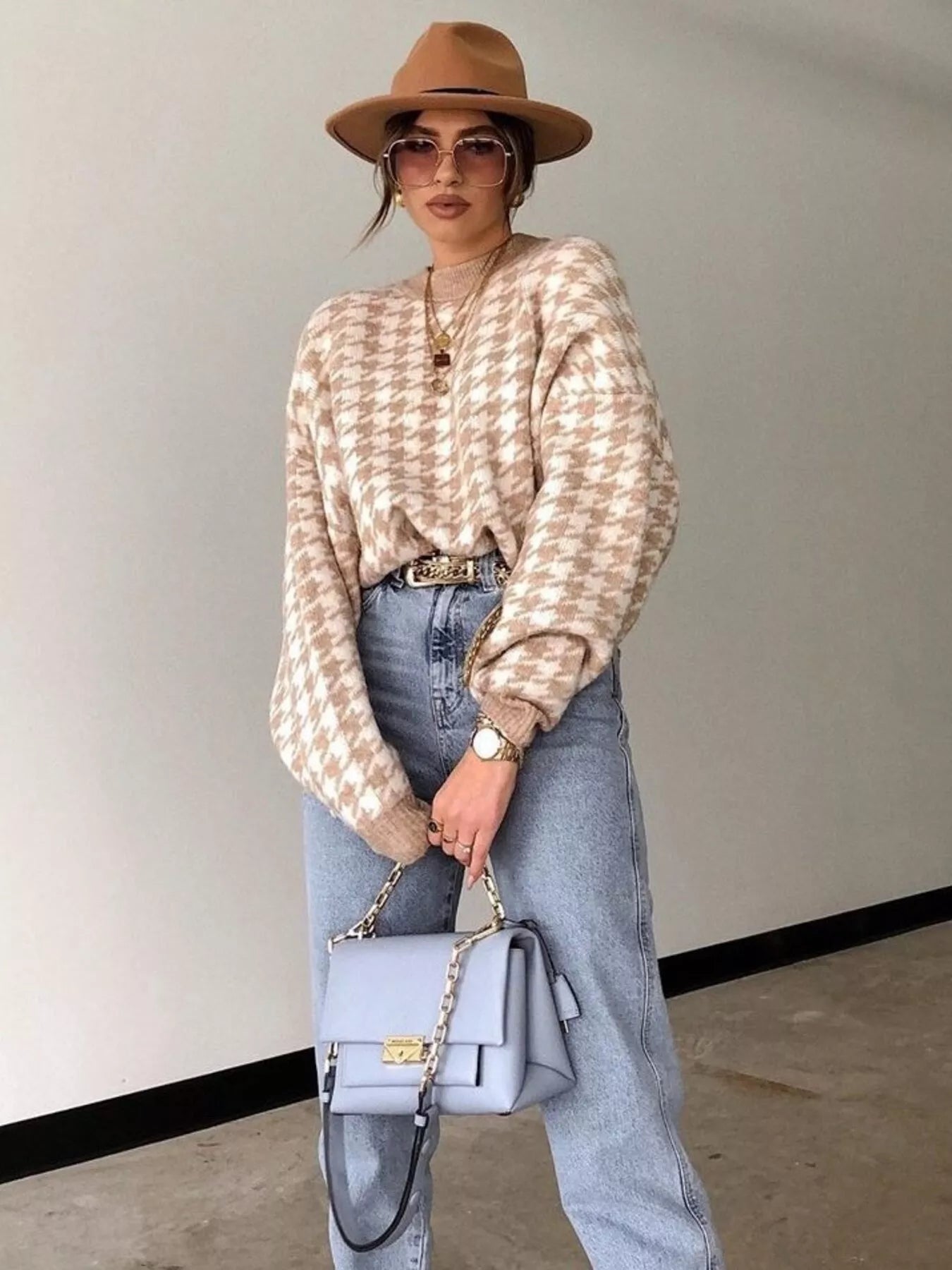 Sarah Express Women's Houndstooth Oversized Sweater Plus Size - Cozy Knit Pullover Khaki