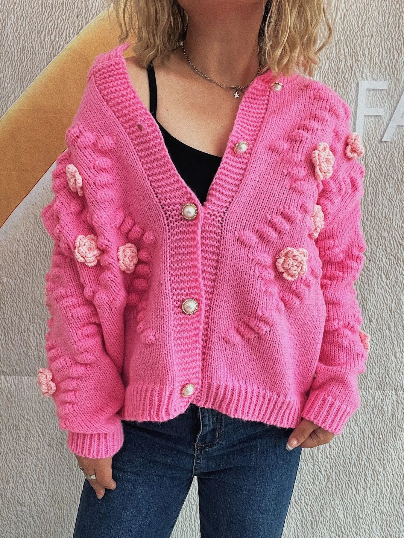 Sarah Express Women's Flower Button Up Long Sleeve Cardigan