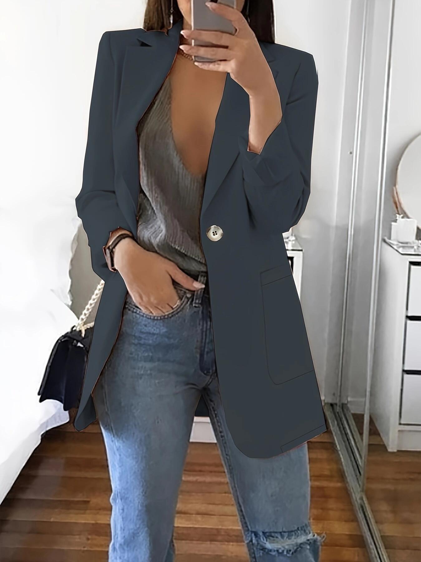 Sarah Express Women's Lapel Blazer Cardigan Slim Fit Long Sleeve - Work Office Professional Medium Length