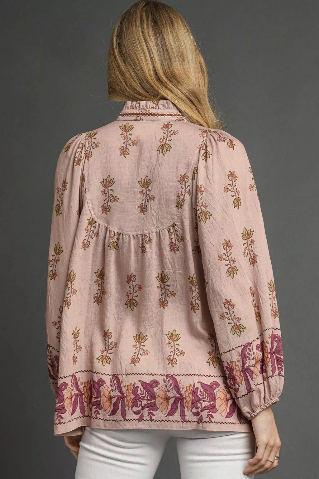Sarah Express women’s floral boho peasant blouse with long balloon sleeves and a split tie neckline.