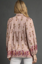 Sarah Express women’s floral boho peasant blouse with long balloon sleeves and a split tie neckline.