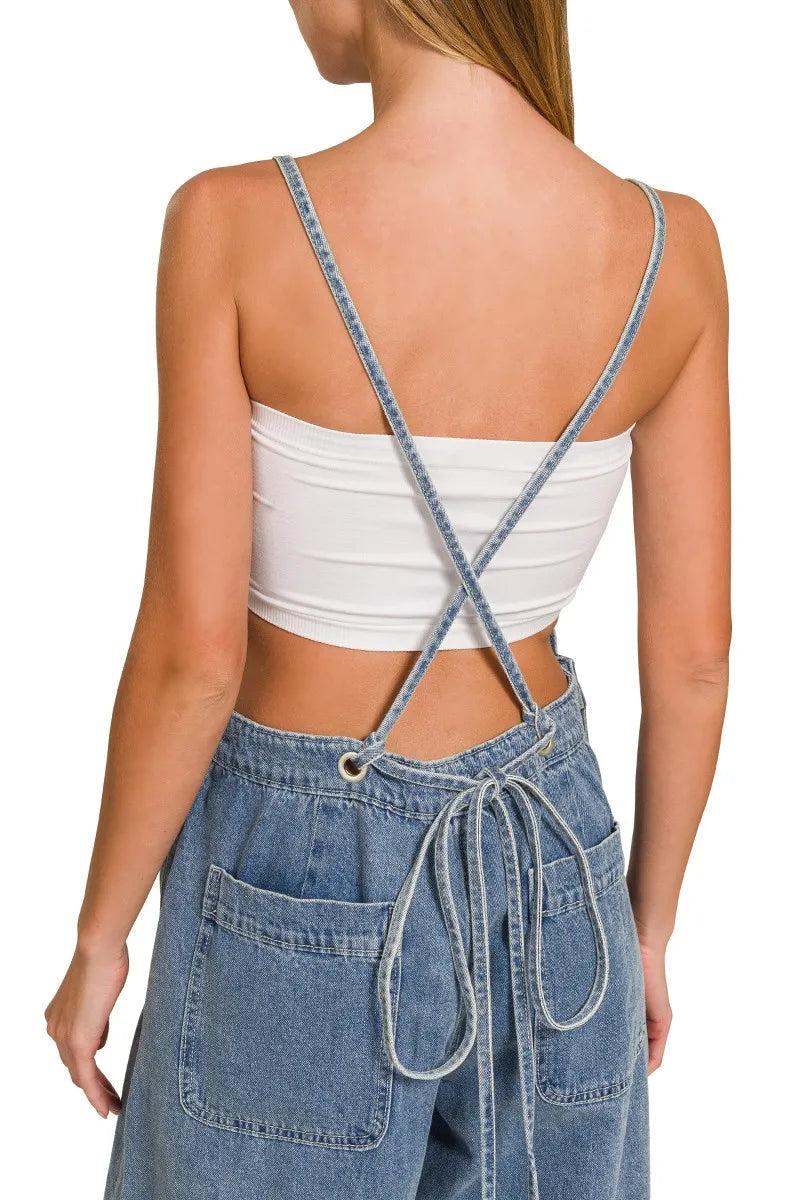 Sarah Express Women's Wide Leg Denim Overalls - Medium Wash Cotton for Casual & Weekend