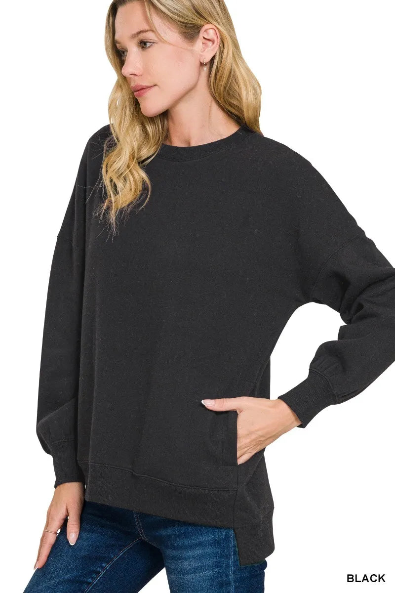 Sarah Express Women's Fleece Hi-Low Boyfriend Sweatshirt with Pockets BLACK