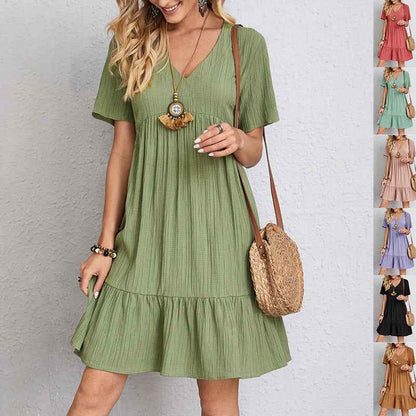 Sarah Express Women's V-Neck Ruffled Summer Dress - Casual Loose Beach Dress with Short Sleeves