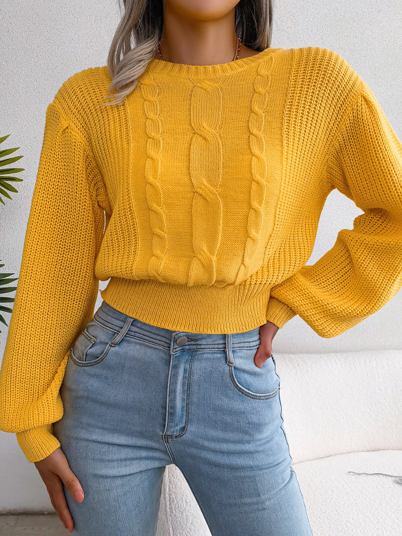 Sarah Express Women's Cable Knit Lantern Sleeve Cinched Sweater - Cozy Pullover Top Yellow