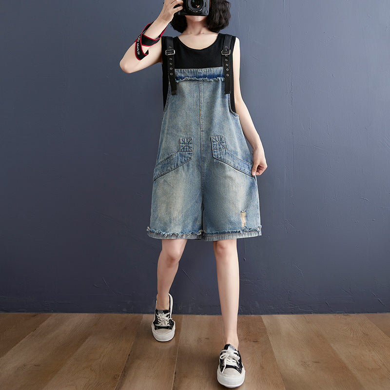 Sarah Express Women's Denim Overalls with Adjustable Suspenders Casual Jumpsuit Romper