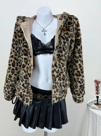 Sarah Express Women's Leopard Plush Zip-Up Hooded Jacket