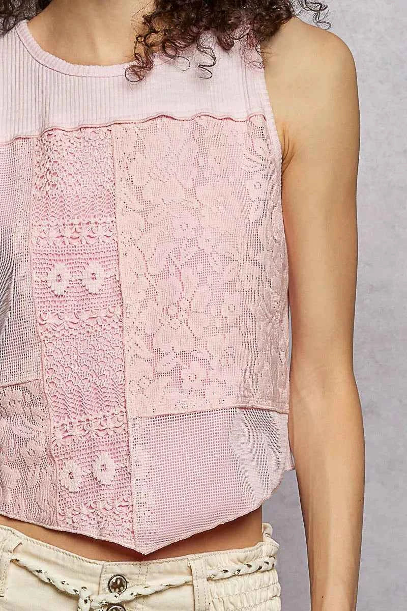 Sarah Express Women's Ribbed Cropped Tank Top with Lace Detail - Round Neck Sleeveless Crop Top