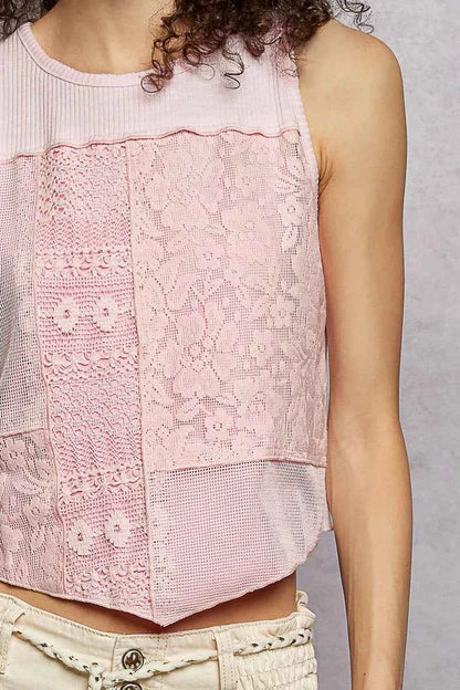 Sarah Express Women's Ribbed Cropped Tank Top with Lace Detail - Round Neck Sleeveless Crop Top