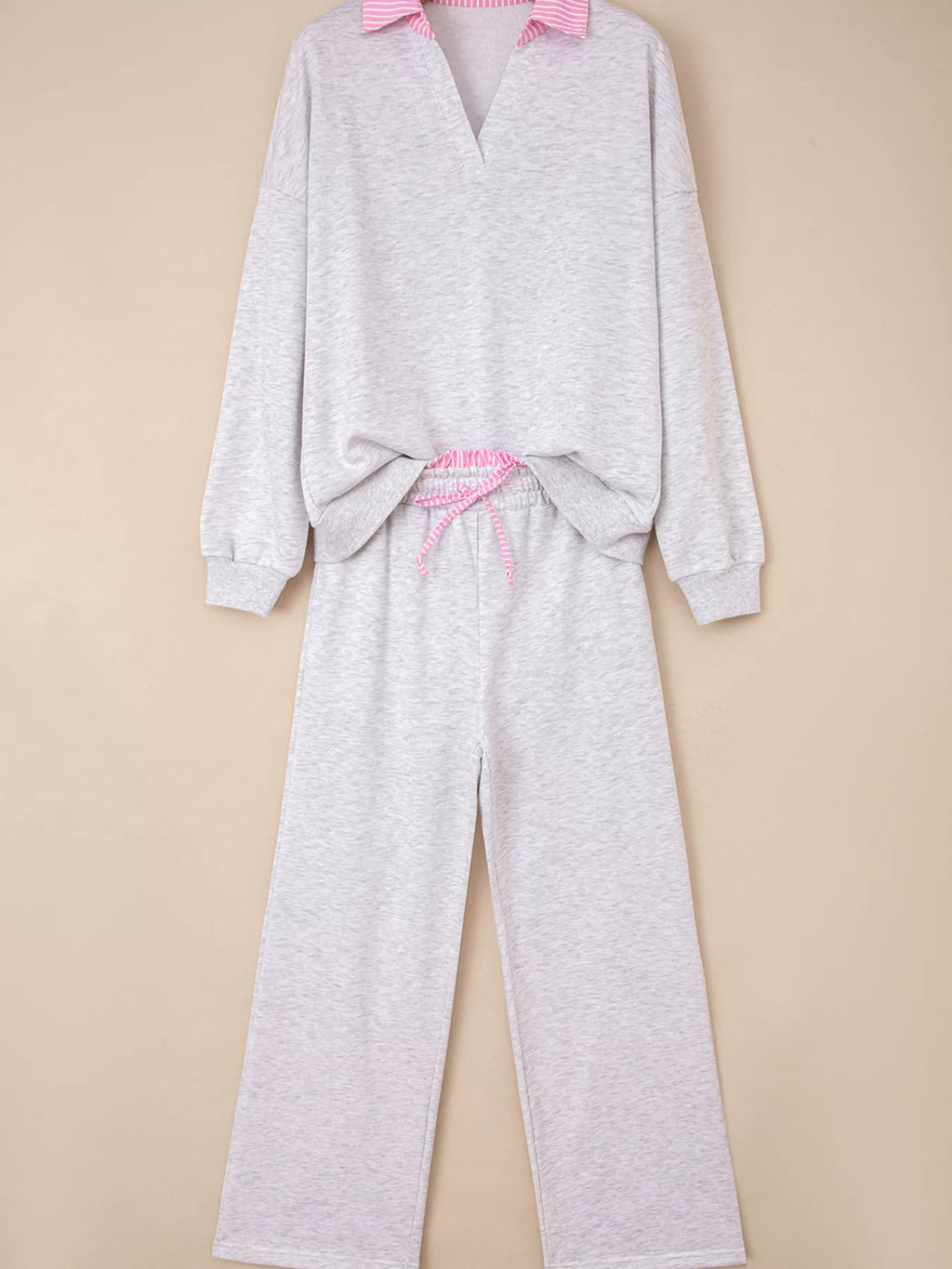 Sarah Express Women's Contrasted Trim Frilled Collar Drop Shoulder Top and Drawstring Pant Set