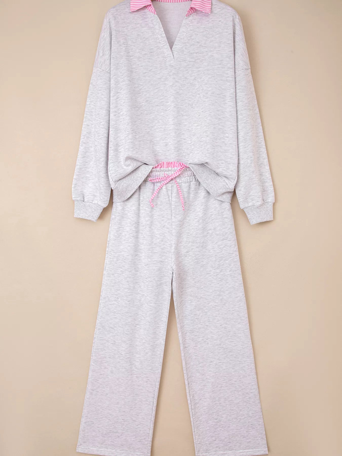 Sarah Express Women's Contrasted Trim Frilled Collar Drop Shoulder Top and Drawstring Pant Set