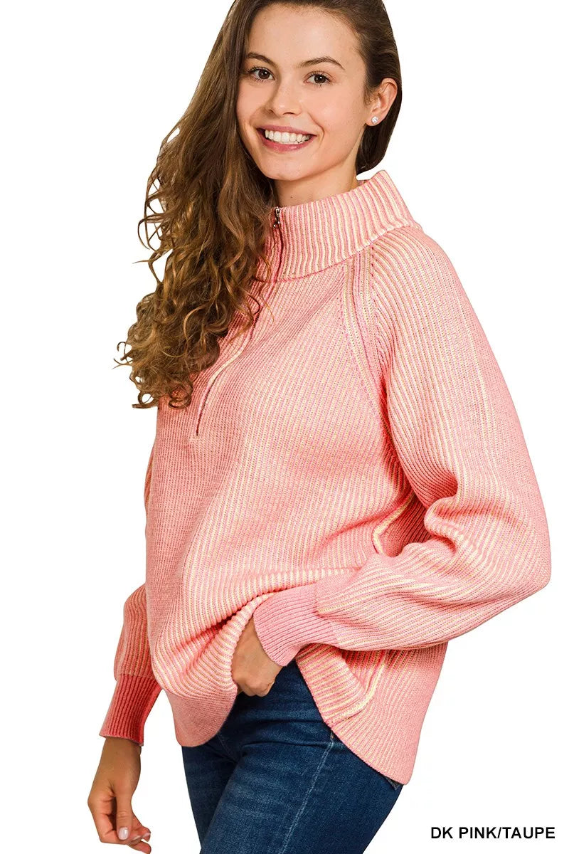 Sarah Express Women's Ribbed Two Tone Half Zip Sweater