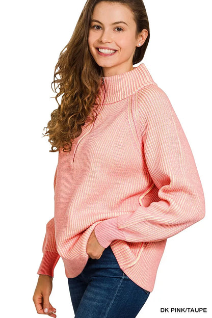 Sarah Express Women's Ribbed Two Tone Half Zip Sweater