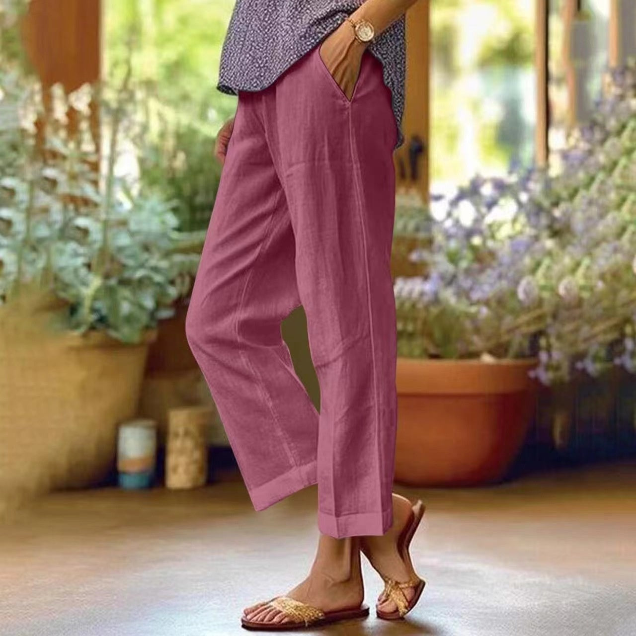 Sarah Express Women's Cotton Straight Leg Pants - Casual Mid-Waist Loose Fit Trousers