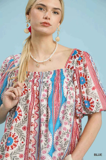 Sarah Express Women's Patchwork Puff Sleeve Smocked Blouse - Floral Stripe Square Neck Top